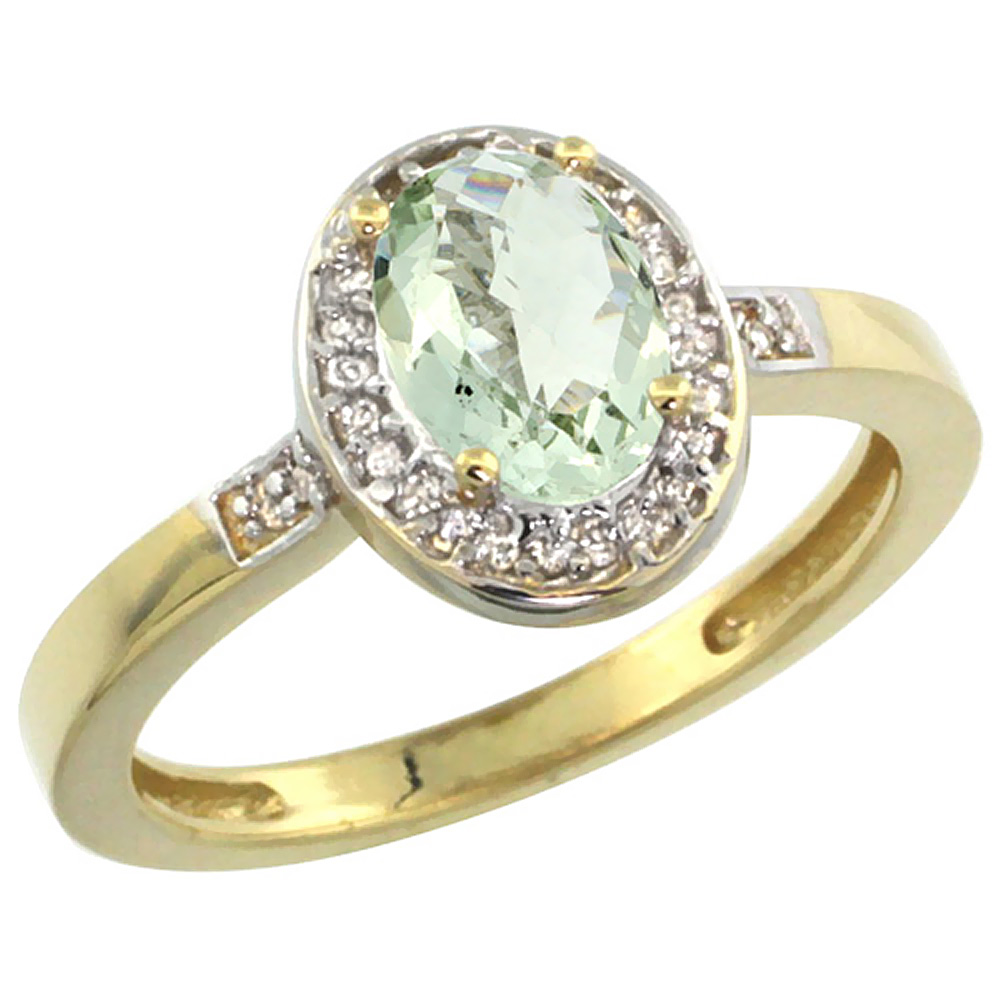 14K Yellow Gold Diamond Natural Green Amethyst Engagement Ring Oval 7x5mm, sizes 5-10