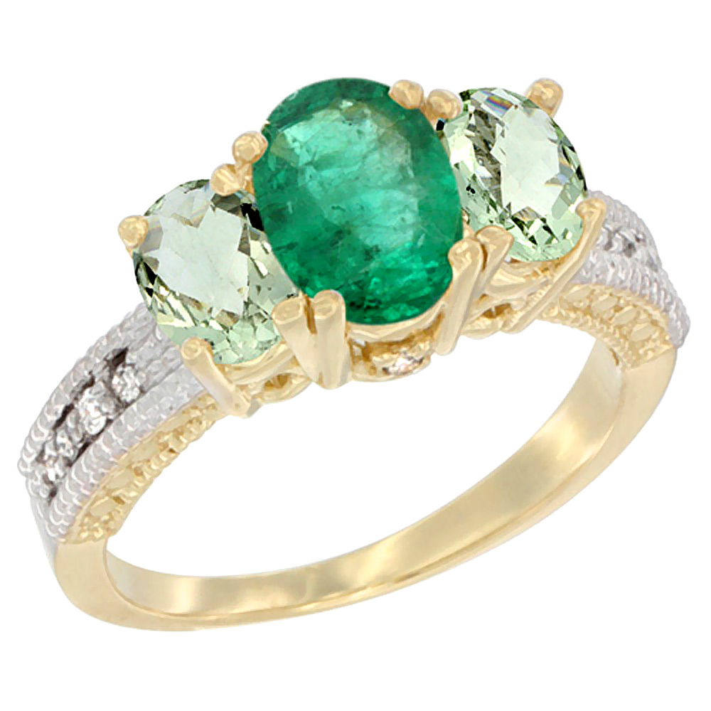 10K Yellow Gold Diamond Natural Quality Emerald 7x5mm &amp; 6x4mm Green Amethyst Oval 3-stone Ring,size5 - 10