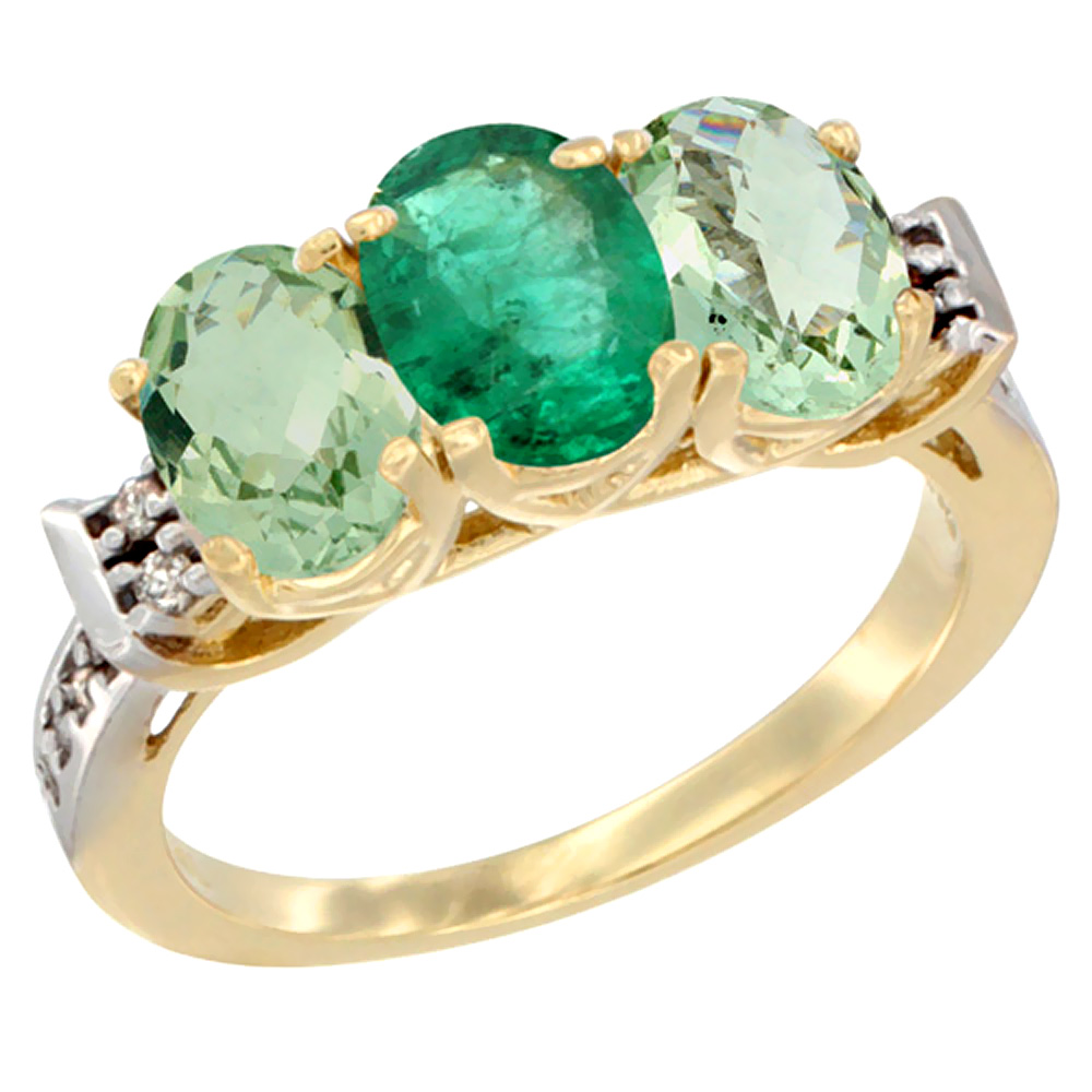 14K Yellow Gold Natural Emerald &amp; Green Amethyst Sides Ring 3-Stone 7x5 mm Oval Diamond Accent, sizes 5 - 10