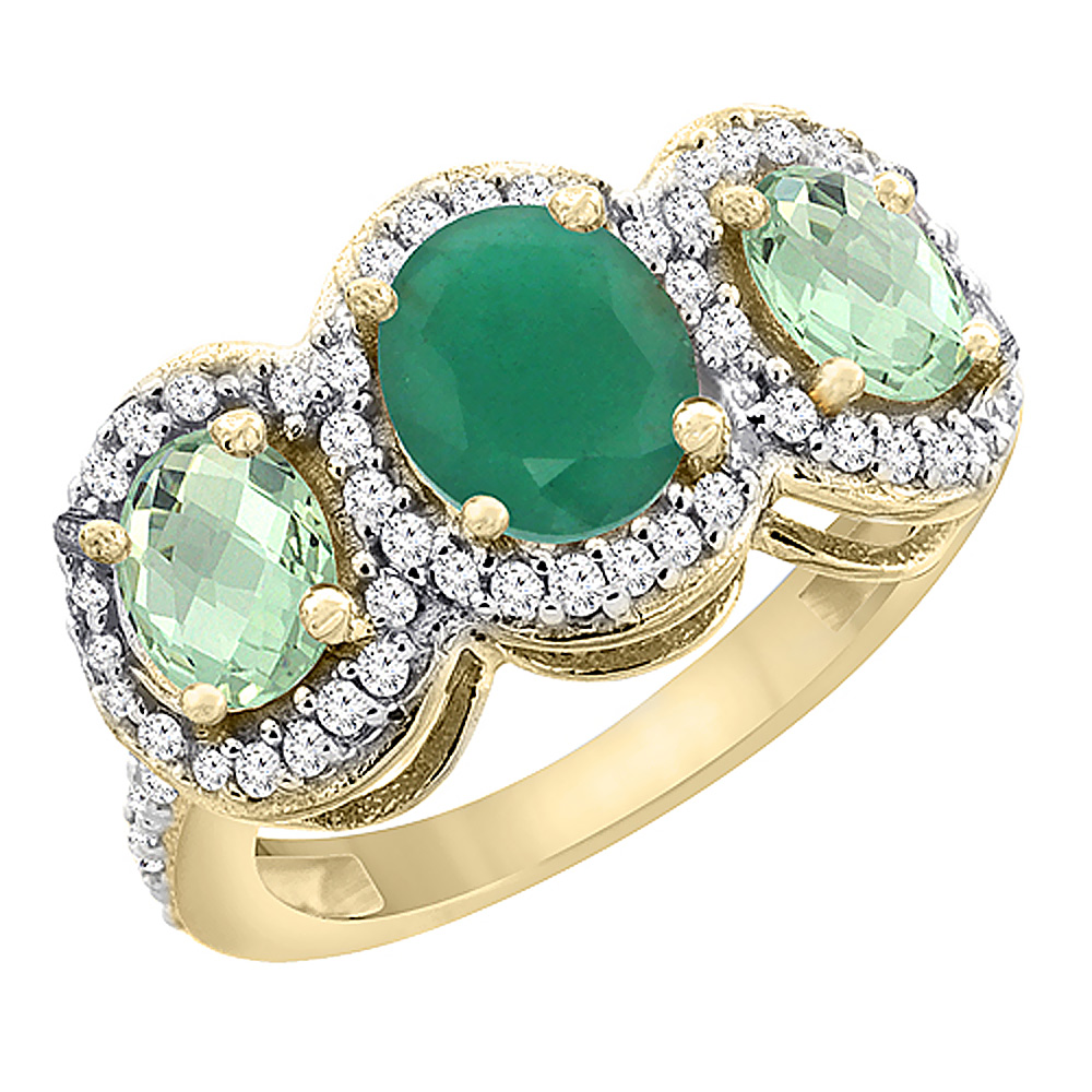 14K Yellow Gold Natural Quality Emerald & Green Amethyst 3-stone Mothers Ring Oval Diamond Accent,sz5-10