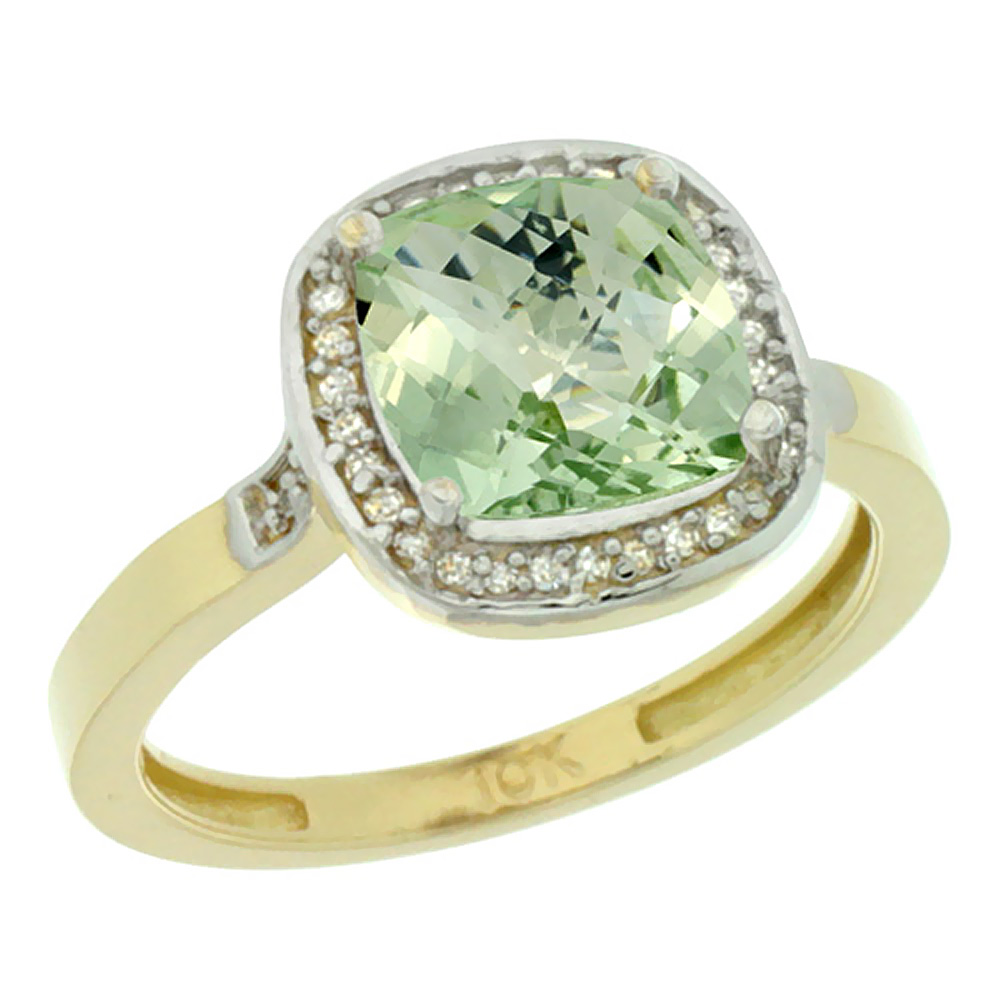 10K Yellow Gold Diamond Genuine Green Amethyst Ring Cushion-cut 8x8mm sizes 5-10