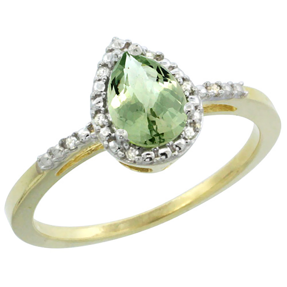 14K Yellow Gold Diamond Natural Green Amethyst Ring Pear 7x5mm, sizes 5-10