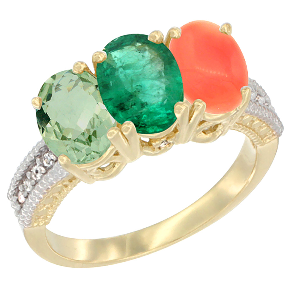 10K Yellow Gold Diamond Natural Green Amethyst, Emerald & Coral Ring 3-Stone Oval 7x5 mm, sizes 5 - 10