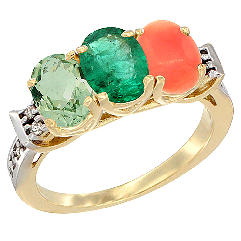 14K Yellow Gold Natural Green Amethyst, Emerald & Coral Ring 3-Stone 7x5 mm Oval Diamond Accent, sizes 5 - 10