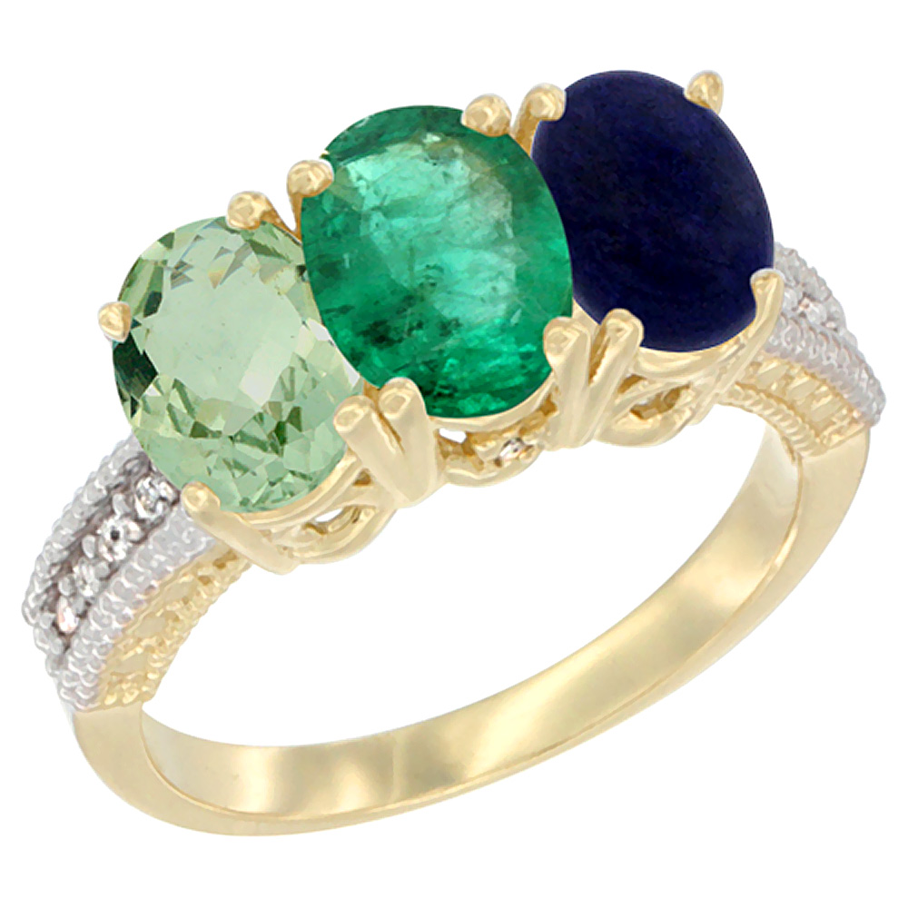 10K Yellow Gold Diamond Natural Green Amethyst, Emerald &amp; Lapis Ring 3-Stone Oval 7x5 mm, sizes 5 - 10