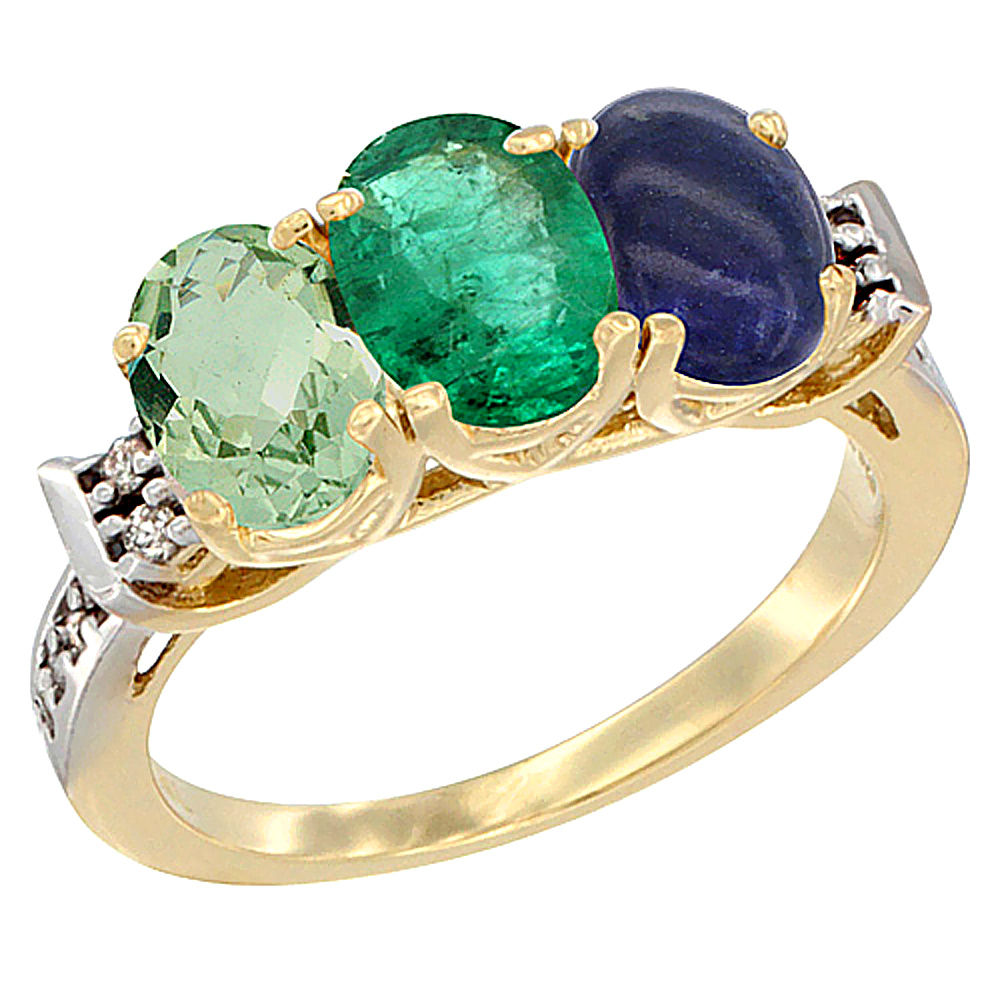 10K Yellow Gold Natural Green Amethyst, Emerald &amp; Lapis Ring 3-Stone Oval 7x5 mm Diamond Accent, sizes 5 - 10