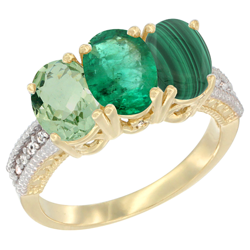 10K Yellow Gold Diamond Natural Green Amethyst, Emerald &amp; Malachite Ring 3-Stone Oval 7x5 mm, sizes 5 - 10