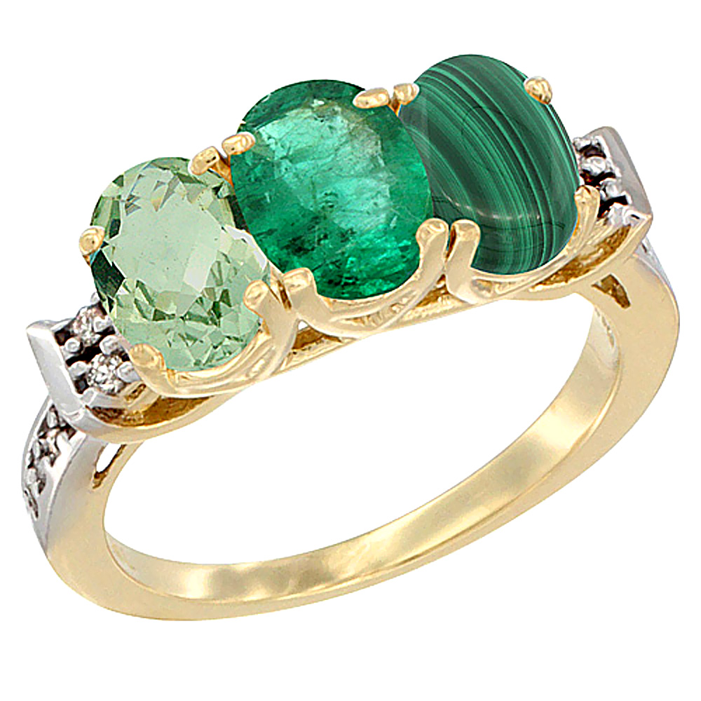 14K Yellow Gold Natural Green Amethyst, Emerald &amp; Malachite Ring 3-Stone 7x5 mm Oval Diamond Accent, sizes 5 - 10