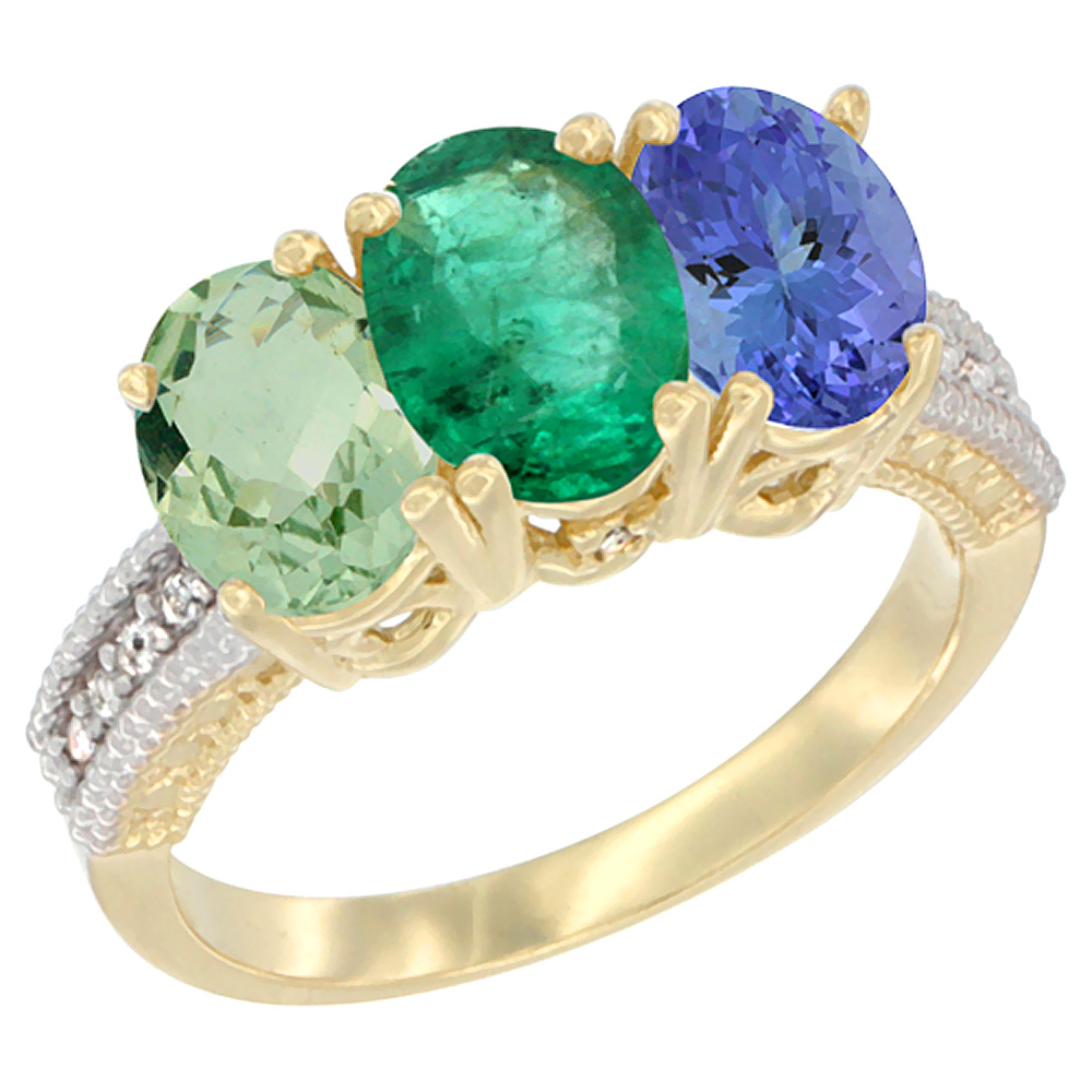 14K Yellow Gold Natural Green Amethyst, Emerald &amp; Tanzanite Ring 3-Stone 7x5 mm Oval Diamond Accent, sizes 5 - 10