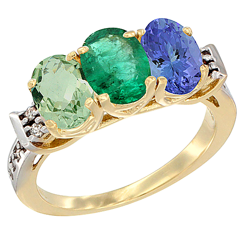 10K Yellow Gold Natural Green Amethyst, Emerald &amp; Tanzanite Ring 3-Stone Oval 7x5 mm Diamond Accent, sizes 5 - 10