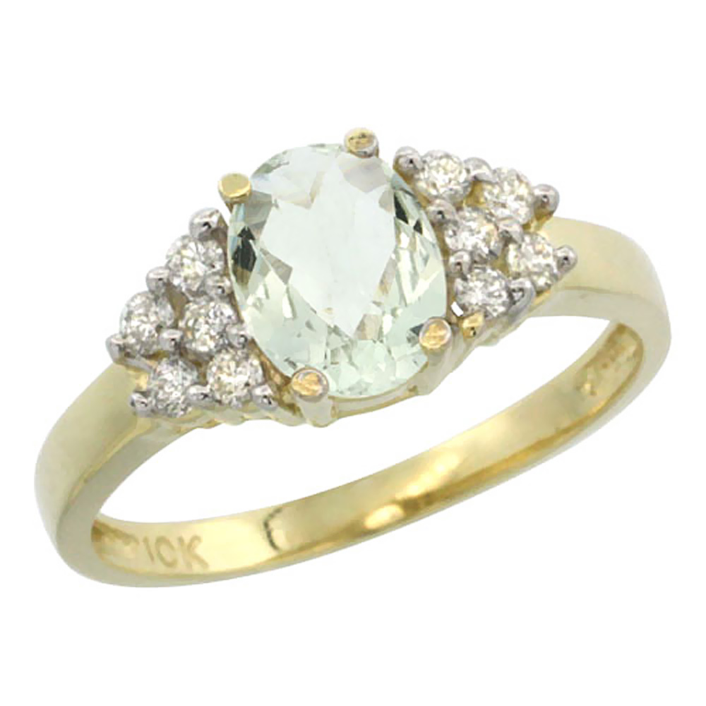 14K Yellow Gold Natural Green Amethyst Ring Oval 8x6mm Diamond Accent, sizes 5-10