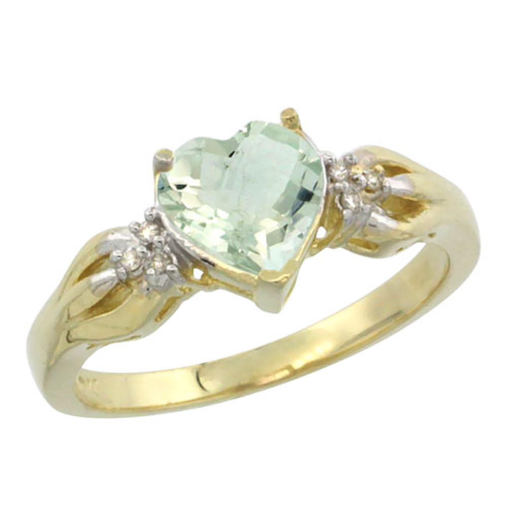 14K Yellow Gold Natural Green Amethyst Ring Heart-shape 7x7mm Diamond Accent, sizes 5-10