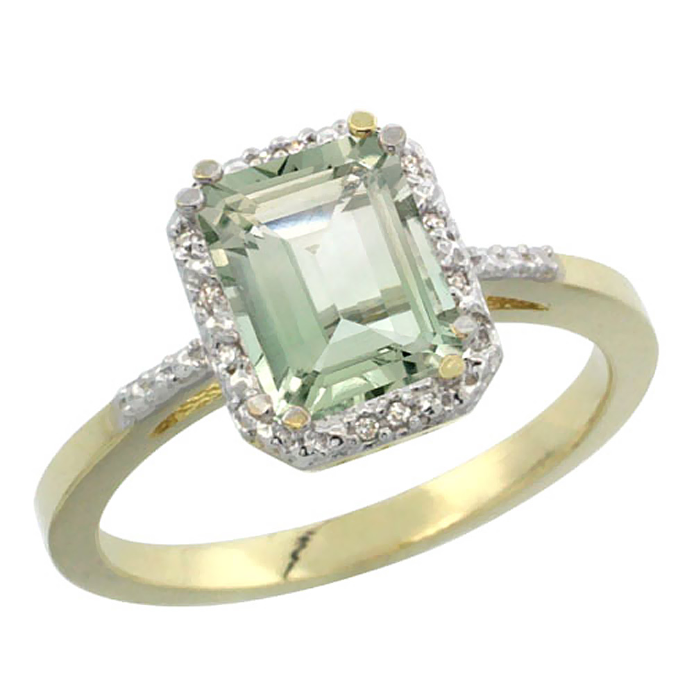14K Yellow Gold Natural Green Amethyst Ring Emerald-shape 8x6mm Diamond Accent, sizes 5-10