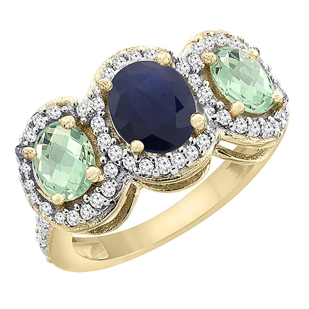 10K Yellow Gold Natural Blue Sapphire & Green Amethyst 3-Stone Ring Oval Diamond Accent, sizes 5 - 10