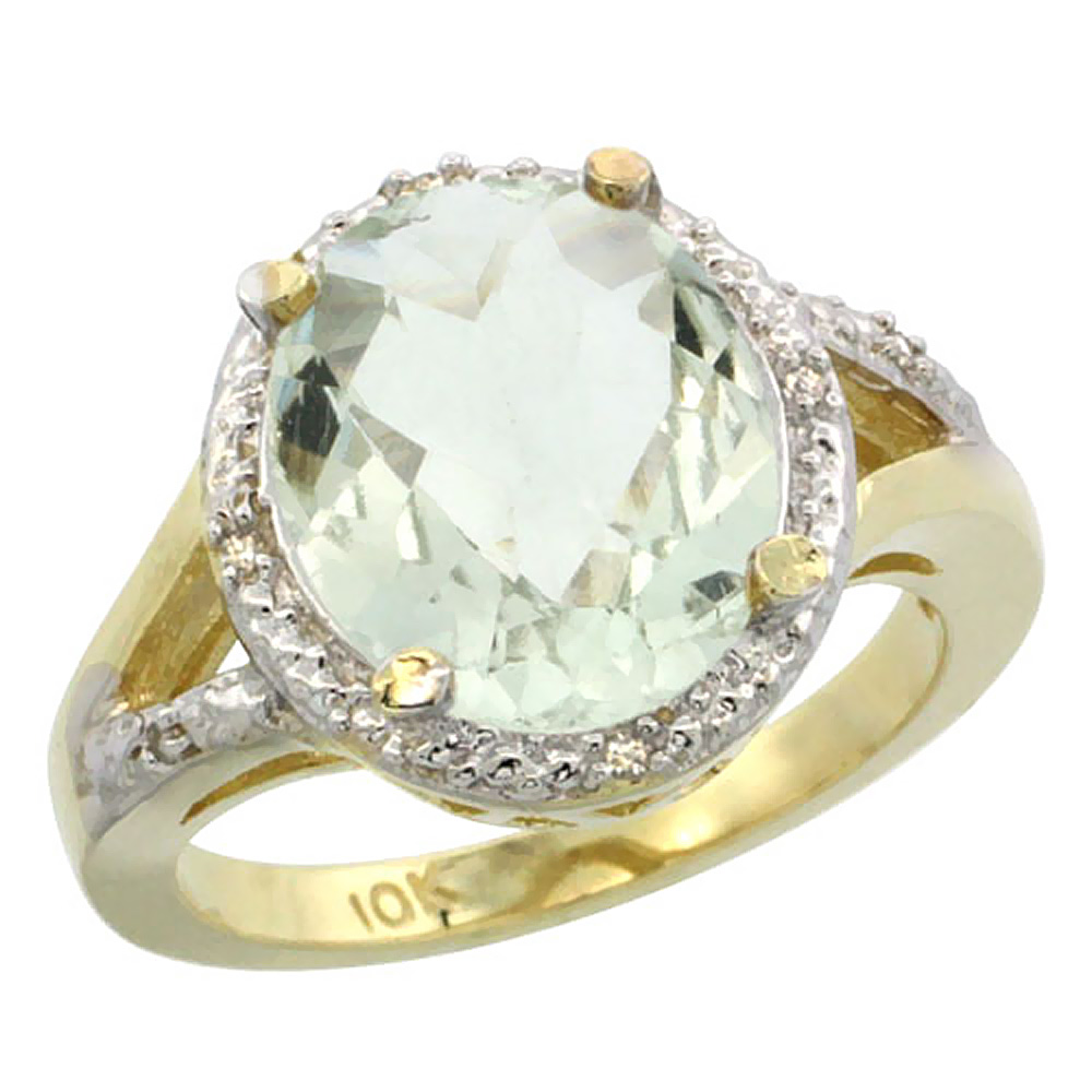 14K Yellow Gold Natural Green Amethyst Ring Oval 12x10mm Diamond Accent, sizes 5-10