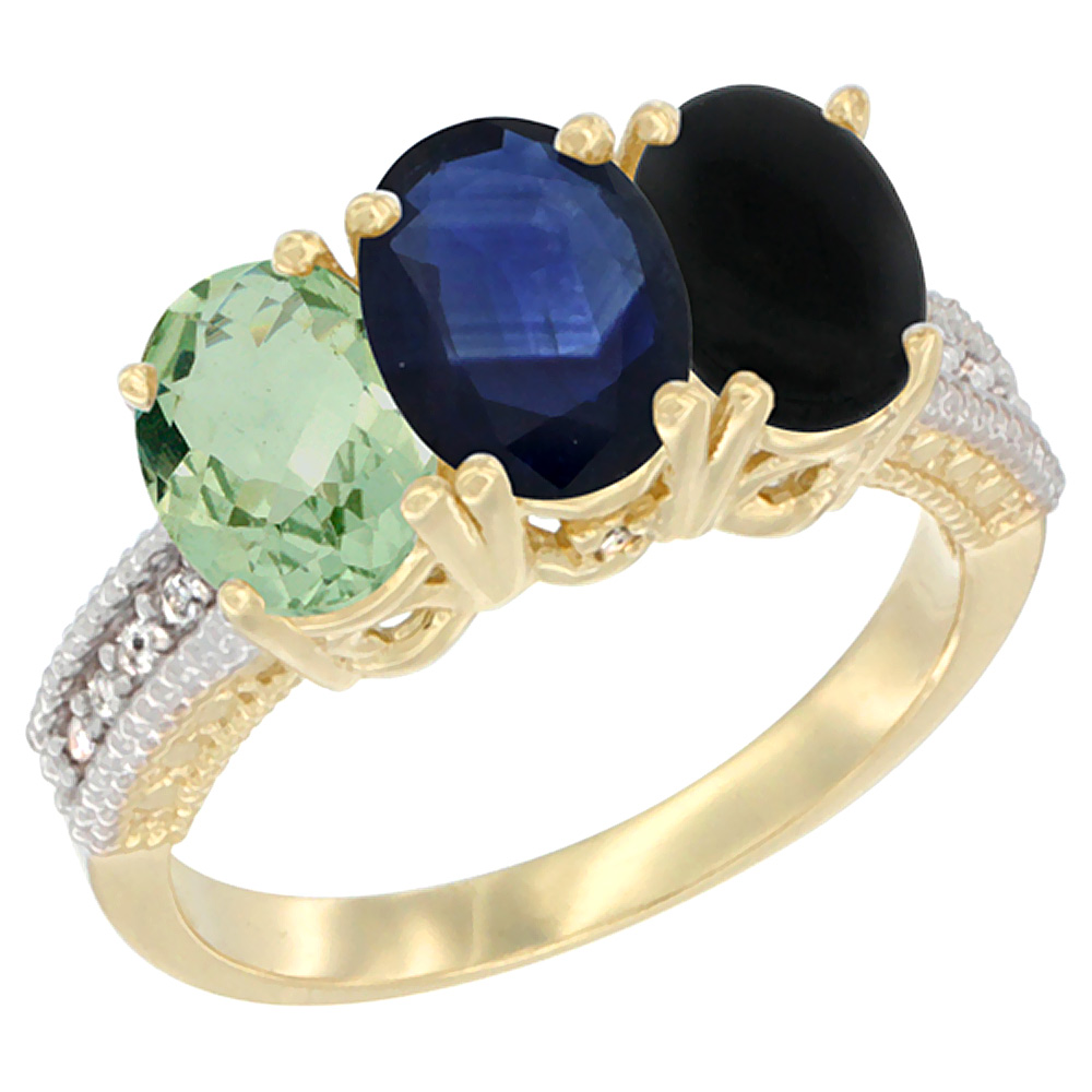 14K Yellow Gold Natural Green Amethyst, Blue Sapphire &amp; Black Onyx Ring 3-Stone 7x5 mm Oval Diamond Accent, sizes 5 - 10