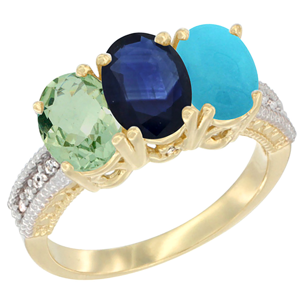 14K Yellow Gold Natural Green Amethyst, Blue Sapphire & Turquoise Ring 3-Stone 7x5 mm Oval Diamond Accent, sizes 5 - 10