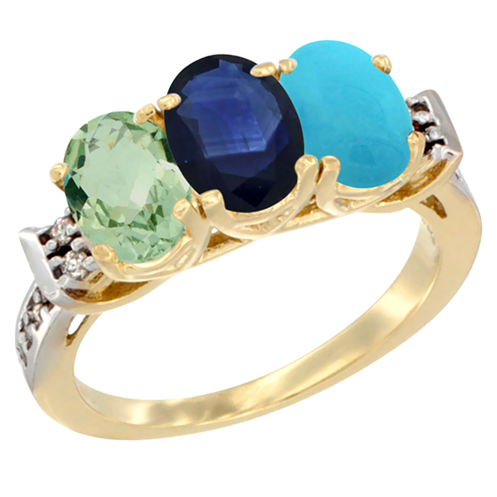 10K Yellow Gold Natural Green Amethyst, Blue Sapphire & Turquoise Ring 3-Stone Oval 7x5 mm Diamond Accent, sizes 5 - 10