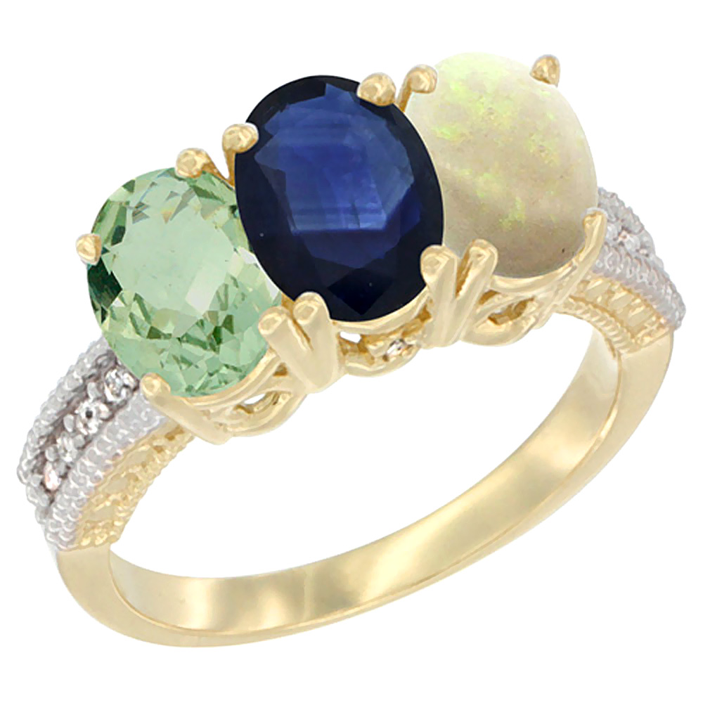 10K Yellow Gold Diamond Natural Green Amethyst, Blue Sapphire & Opal Ring 3-Stone Oval 7x5 mm, sizes 5 - 10