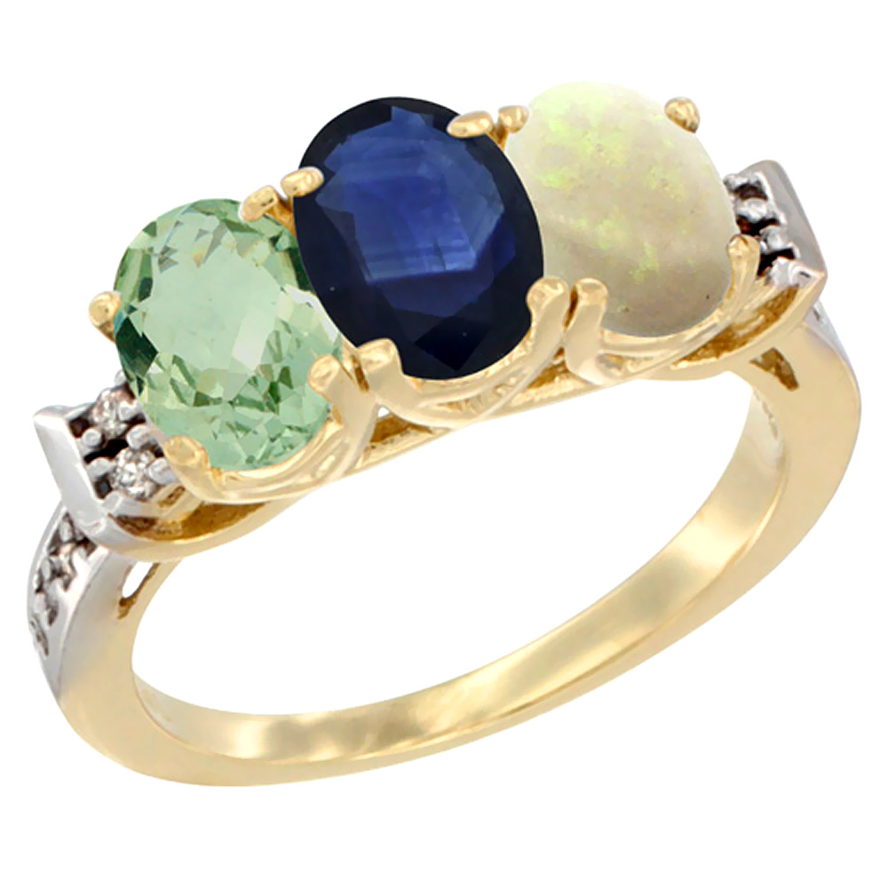10K Yellow Gold Natural Green Amethyst, Blue Sapphire & Opal Ring 3-Stone Oval 7x5 mm Diamond Accent, sizes 5 - 10