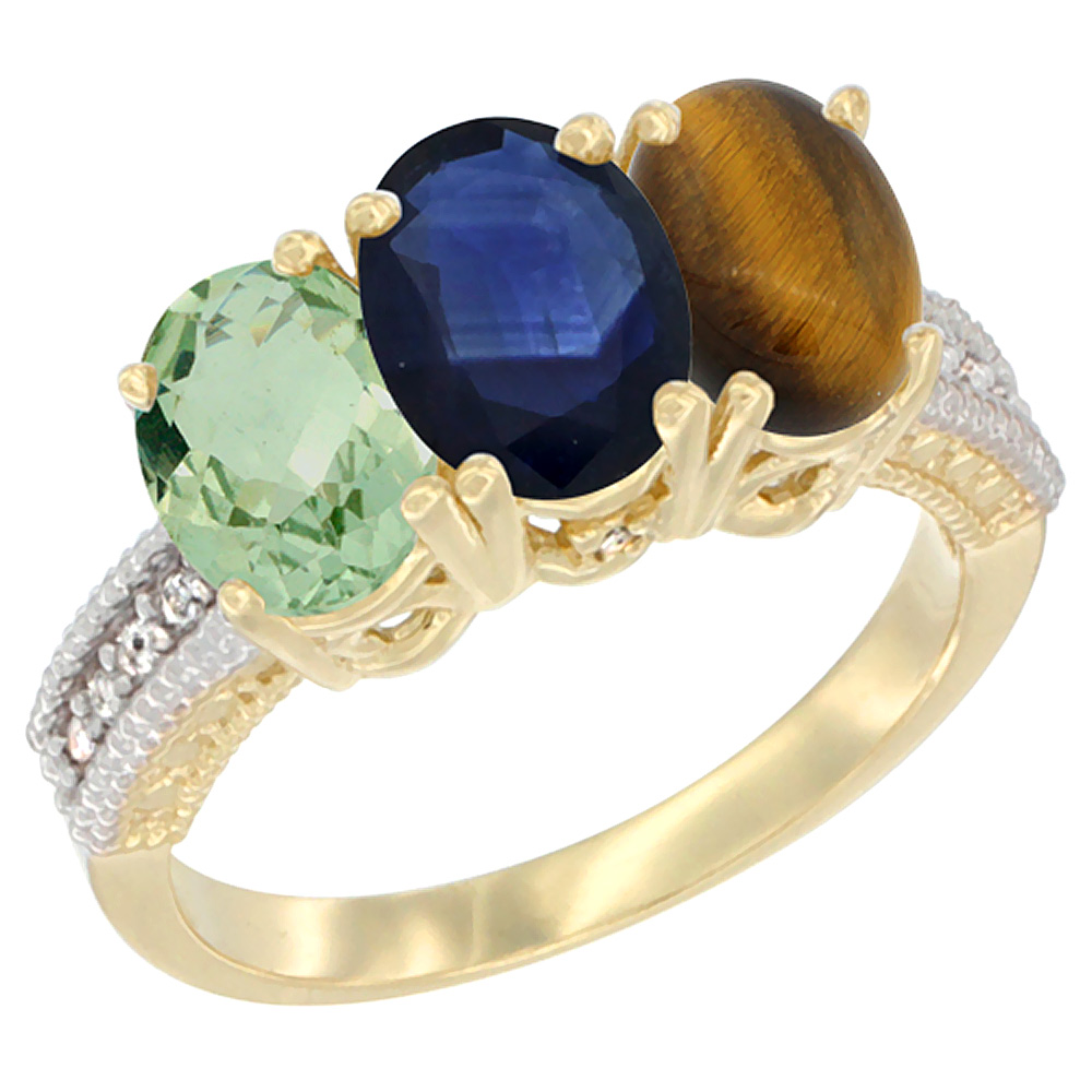 14K Yellow Gold Natural Green Amethyst, Blue Sapphire & Tiger Eye Ring 3-Stone 7x5 mm Oval Diamond Accent, sizes 5 - 10