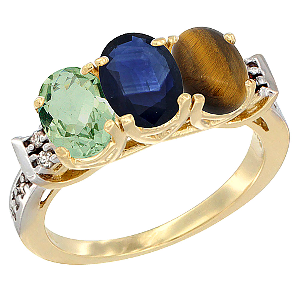 10K Yellow Gold Natural Green Amethyst, Blue Sapphire &amp; Tiger Eye Ring 3-Stone Oval 7x5 mm Diamond Accent, sizes 5 - 10