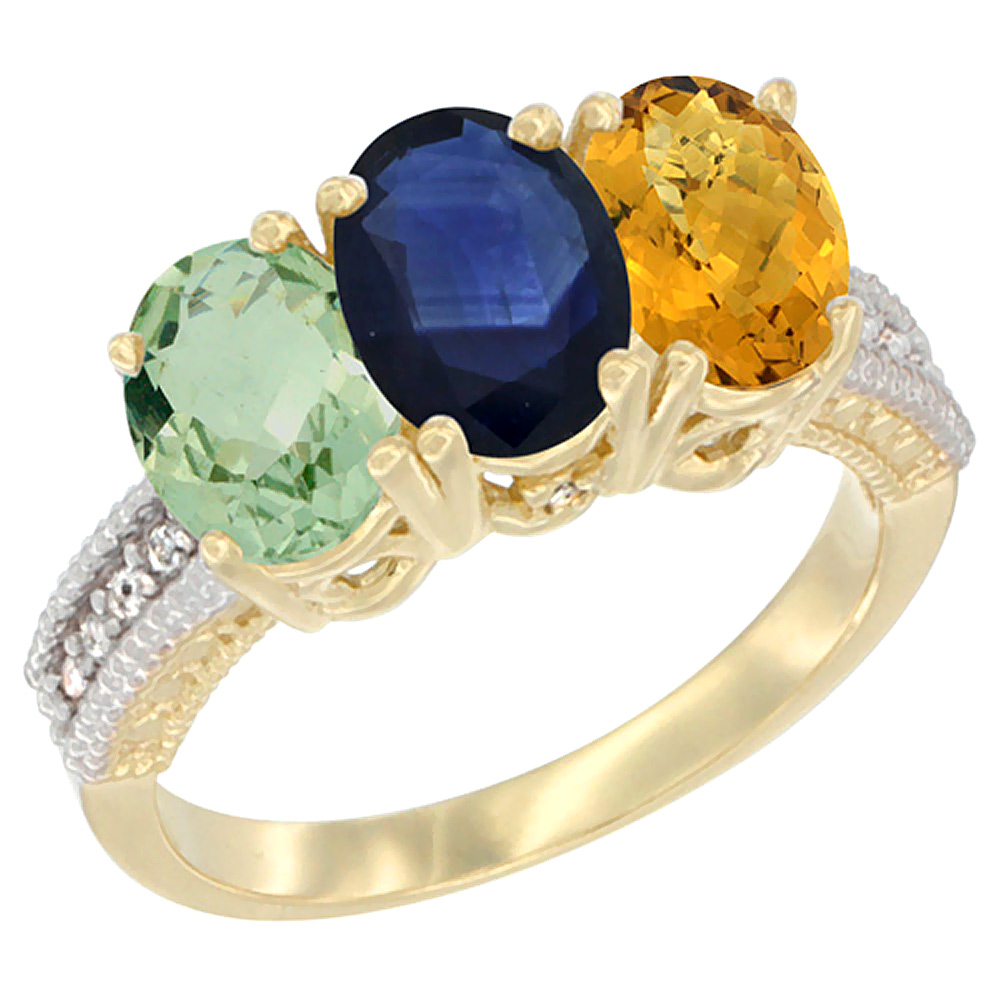 10K Yellow Gold Diamond Natural Green Amethyst, Blue Sapphire & Whisky Quartz Ring 3-Stone Oval 7x5 mm, sizes 5 - 10