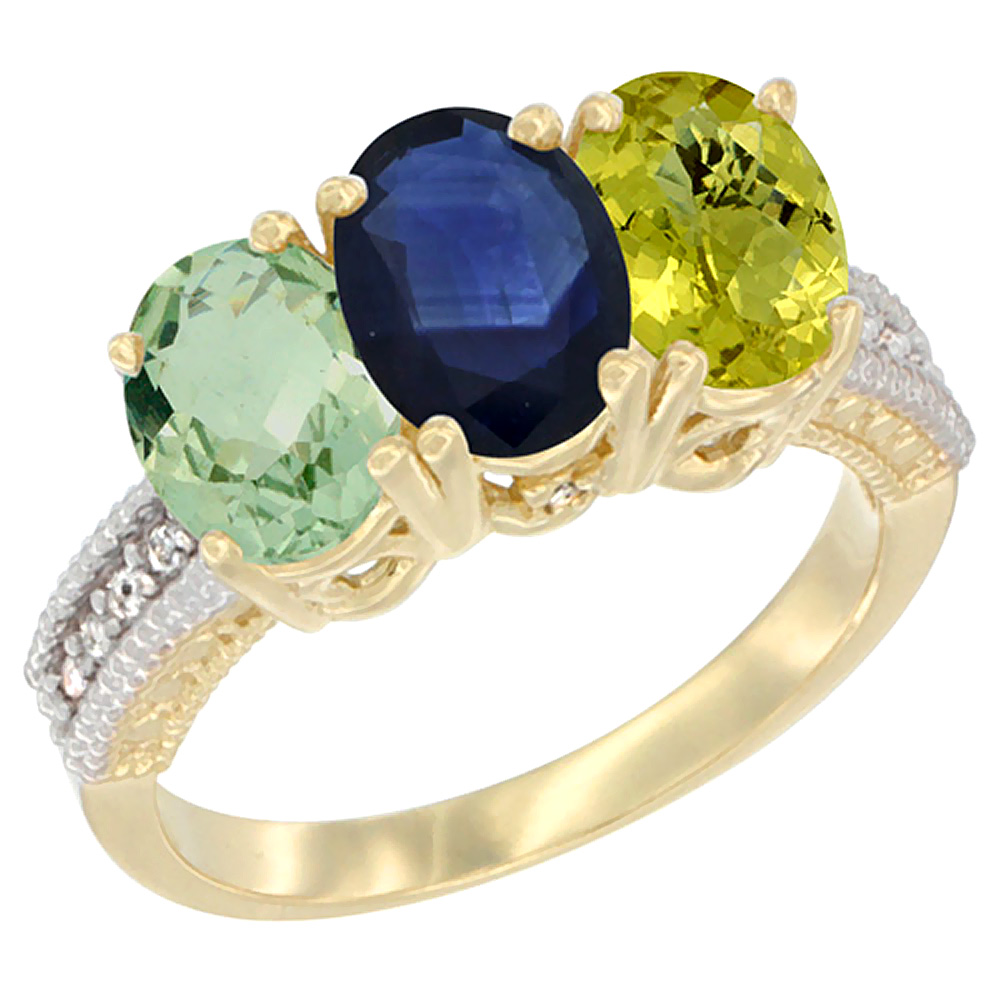 14K Yellow Gold Natural Green Amethyst, Blue Sapphire &amp; Lemon Quartz Ring 3-Stone 7x5 mm Oval Diamond Accent, sizes 5 - 10