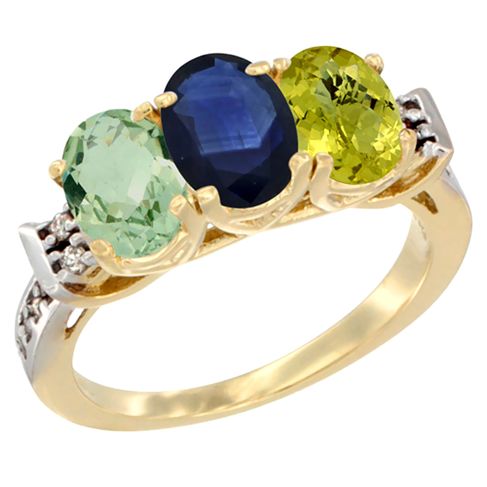 14K Yellow Gold Natural Green Amethyst, Blue Sapphire &amp; Lemon Quartz Ring 3-Stone 7x5 mm Oval Diamond Accent, sizes 5 - 10