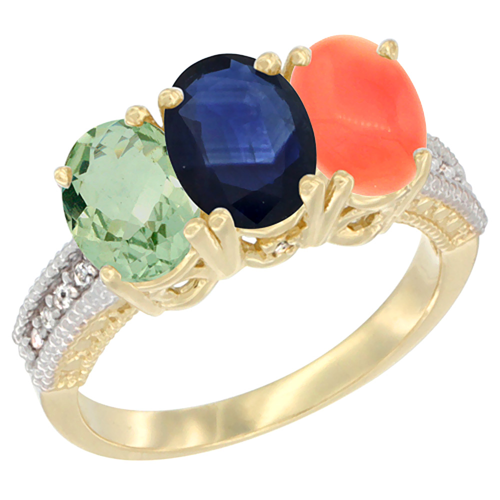 10K Yellow Gold Diamond Natural Green Amethyst, Blue Sapphire & Coral Ring 3-Stone Oval 7x5 mm, sizes 5 - 10