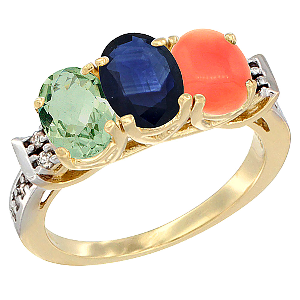 10K Yellow Gold Natural Green Amethyst, Blue Sapphire & Coral Ring 3-Stone Oval 7x5 mm Diamond Accent, sizes 5 - 10