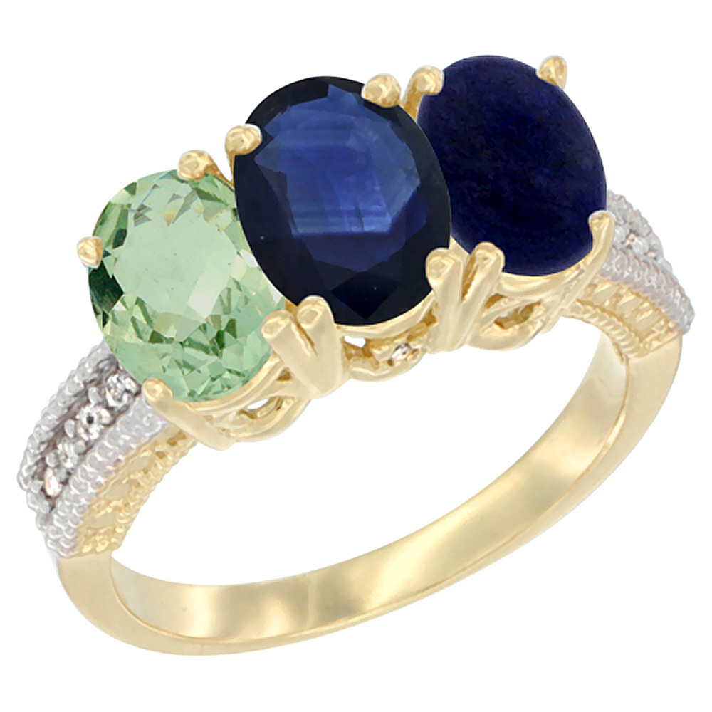 10K Yellow Gold Diamond Natural Green Amethyst, Blue Sapphire & Lapis Ring 3-Stone Oval 7x5 mm, sizes 5 - 10