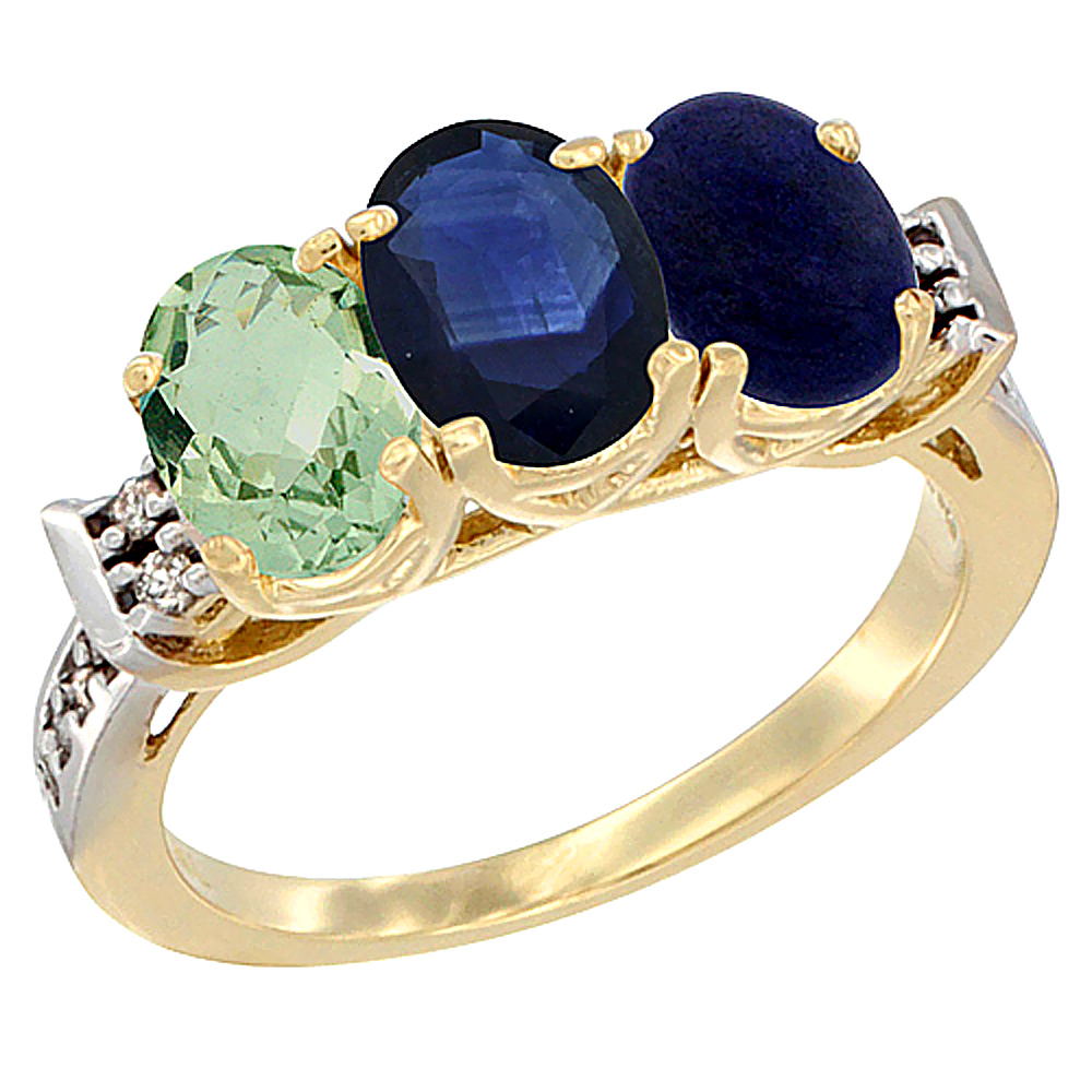 10K Yellow Gold Natural Green Amethyst, Blue Sapphire & Lapis Ring 3-Stone Oval 7x5 mm Diamond Accent, sizes 5 - 10