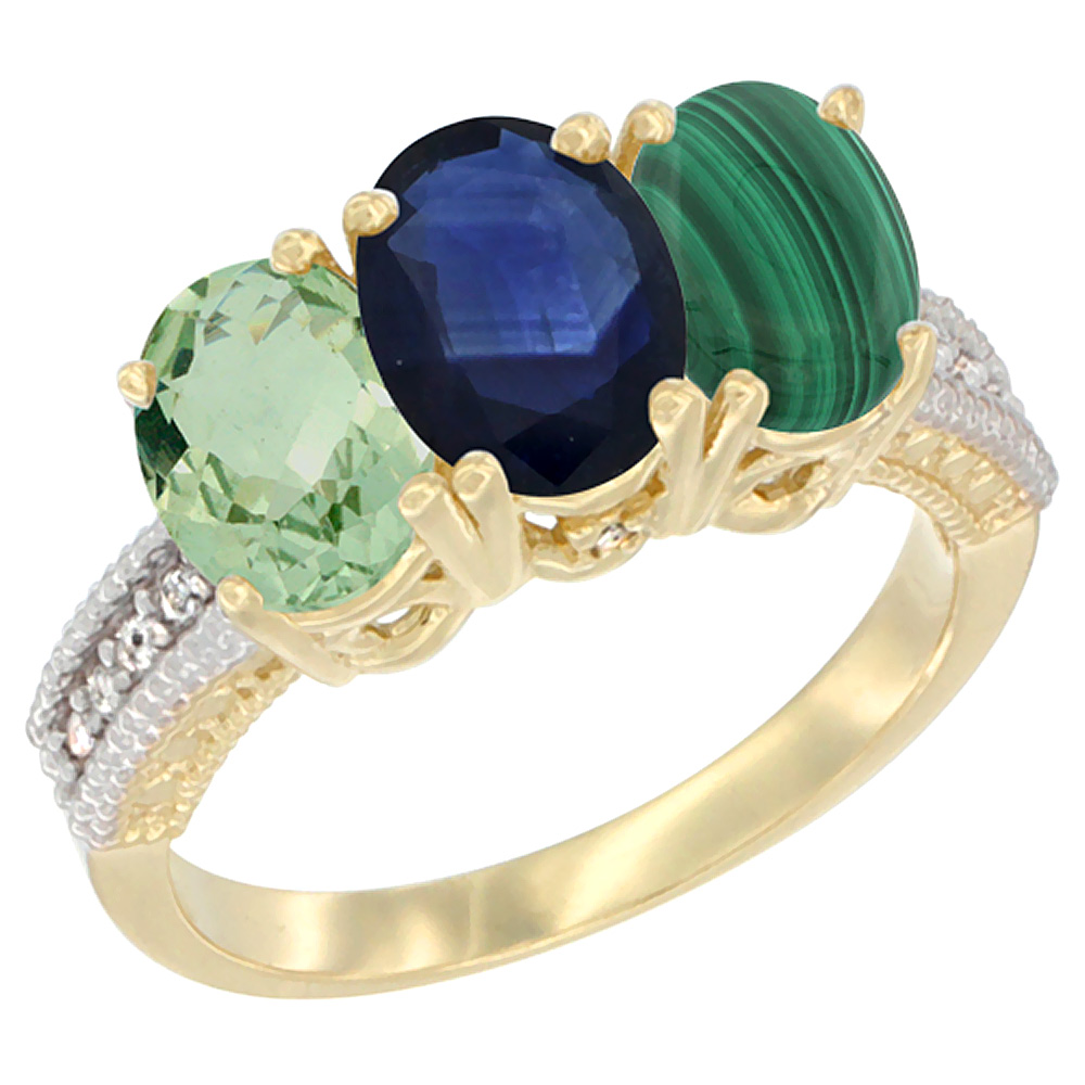 14K Yellow Gold Natural Green Amethyst, Blue Sapphire & Malachite Ring 3-Stone 7x5 mm Oval Diamond Accent, sizes 5 - 10