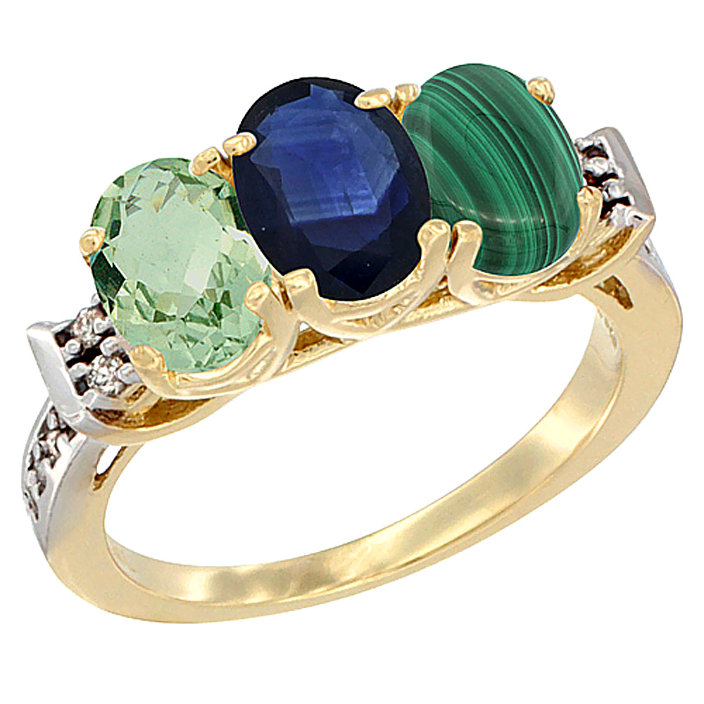 10K Yellow Gold Natural Green Amethyst, Blue Sapphire & Malachite Ring 3-Stone Oval 7x5 mm Diamond Accent, sizes 5 - 10