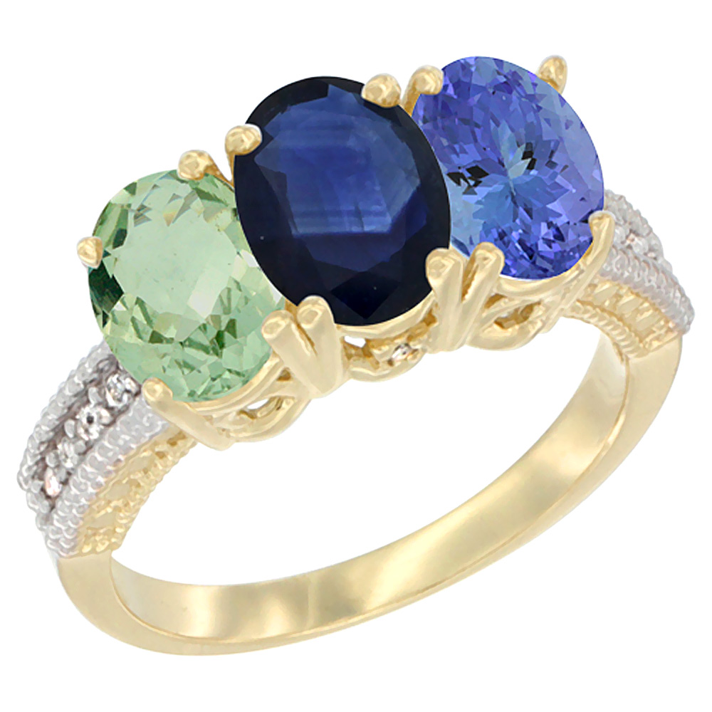 14K Yellow Gold Natural Green Amethyst, Blue Sapphire &amp; Tanzanite Ring 3-Stone 7x5 mm Oval Diamond Accent, sizes 5 - 10