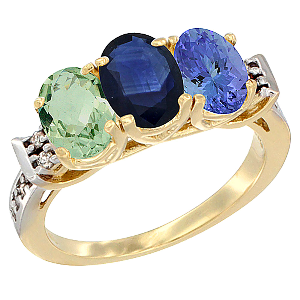 10K Yellow Gold Natural Green Amethyst, Blue Sapphire & Tanzanite Ring 3-Stone Oval 7x5 mm Diamond Accent, sizes 5 - 10