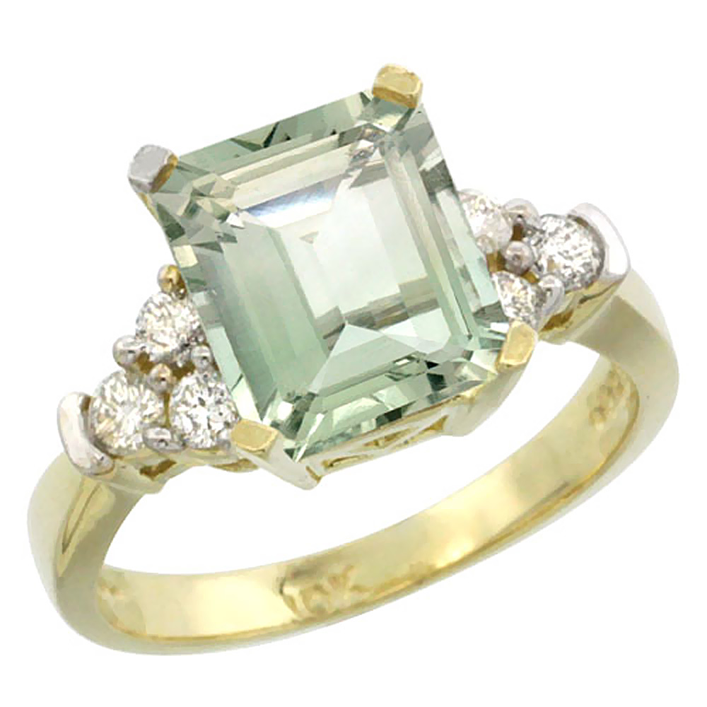 14K Yellow Gold Natural Green Amethyst Ring Octagon 9x7mm Diamond Accent, sizes 5-10