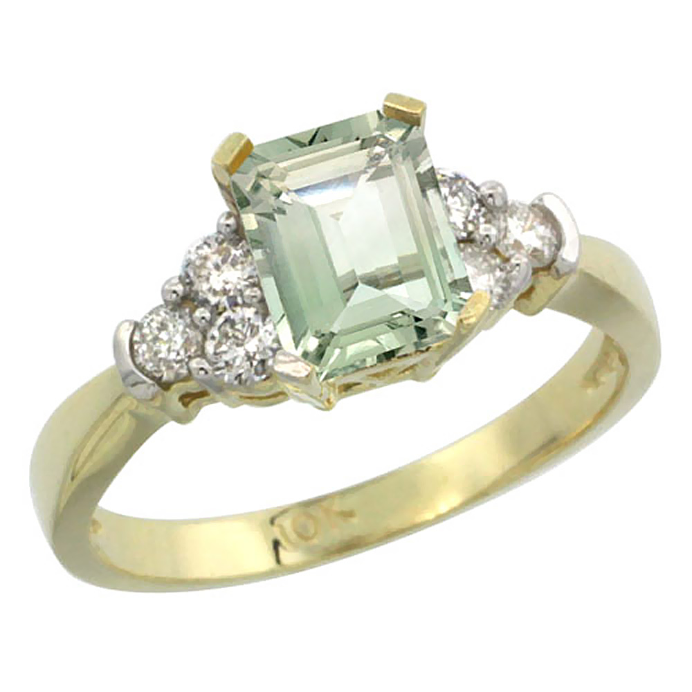 14K Yellow Gold Natural Green Amethyst Ring Octagon 7x5mm Diamond Accent, sizes 5-10