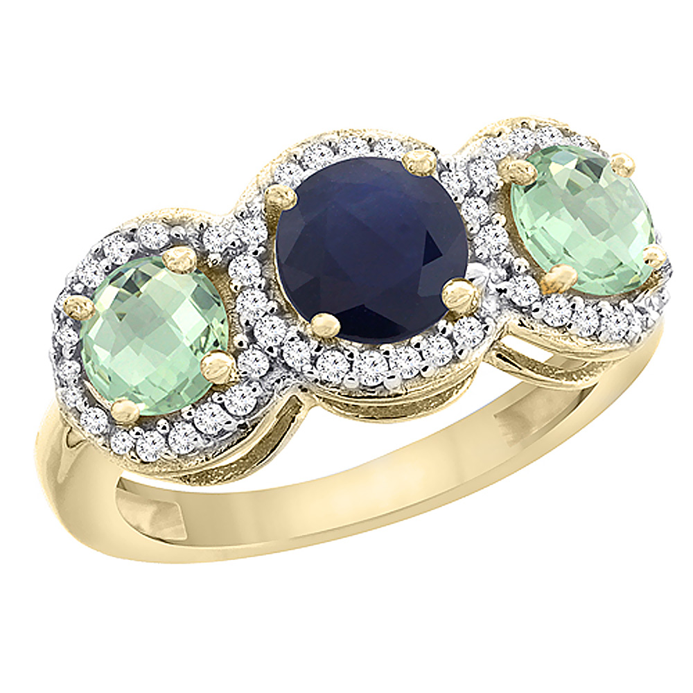 10K Yellow Gold Natural High Quality Blue Sapphire &amp; Green Amethyst Sides Round 3-stone Ring Diamond Accents, sizes 5 - 10