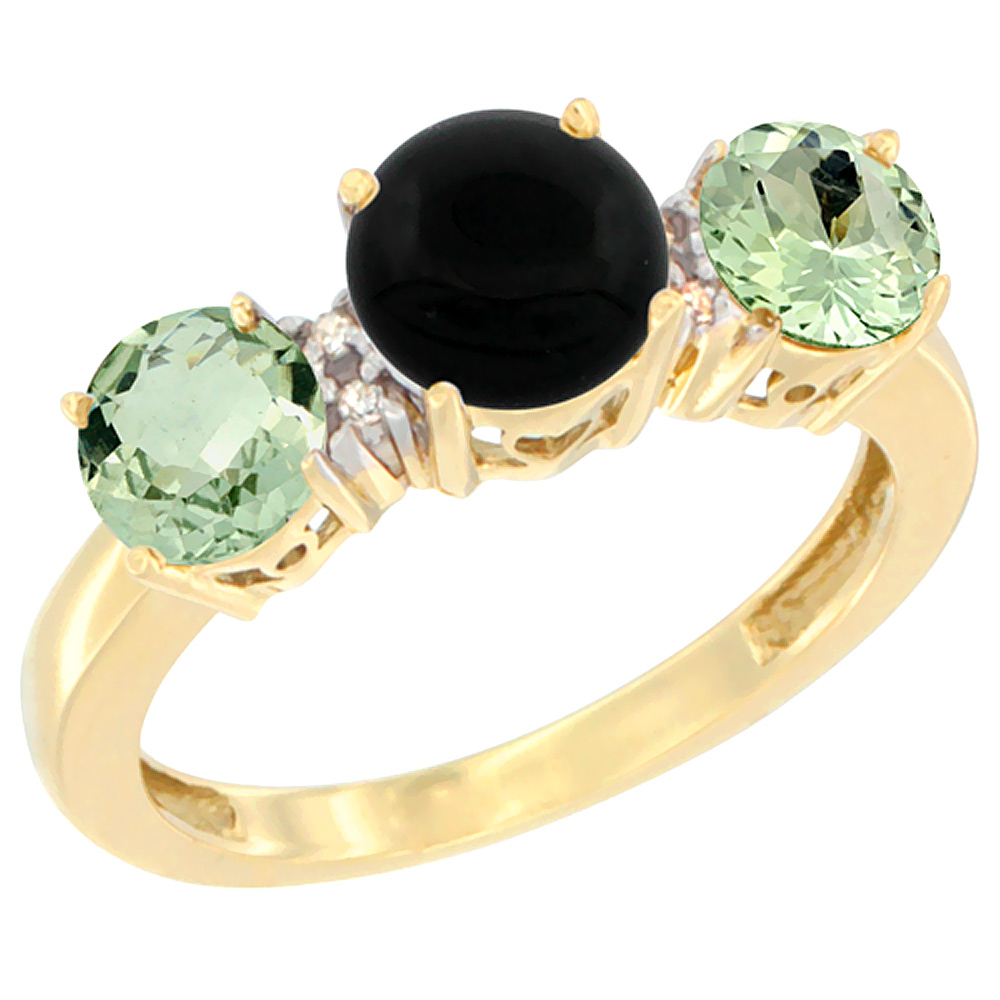 10K Yellow Gold Round 3-Stone Natural Black Onyx Ring & Green Amethyst Sides Diamond Accent, sizes 5 - 10
