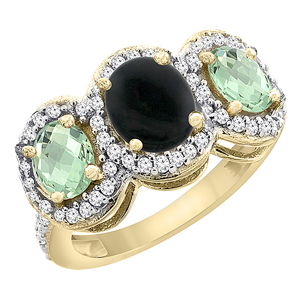 10K Yellow Gold Natural Black Onyx & Green Amethyst 3-Stone Ring Oval Diamond Accent, sizes 5 - 10