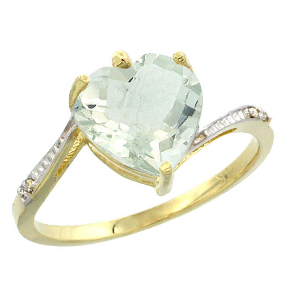 14K Yellow Gold Natural Green Amethyst Ring Heart 9x9mm Diamond Accent, sizes 5-10