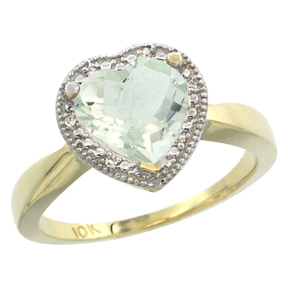 14K Yellow Gold Natural Green Amethyst Ring Heart 8x8mm Diamond Accent, sizes 5-10