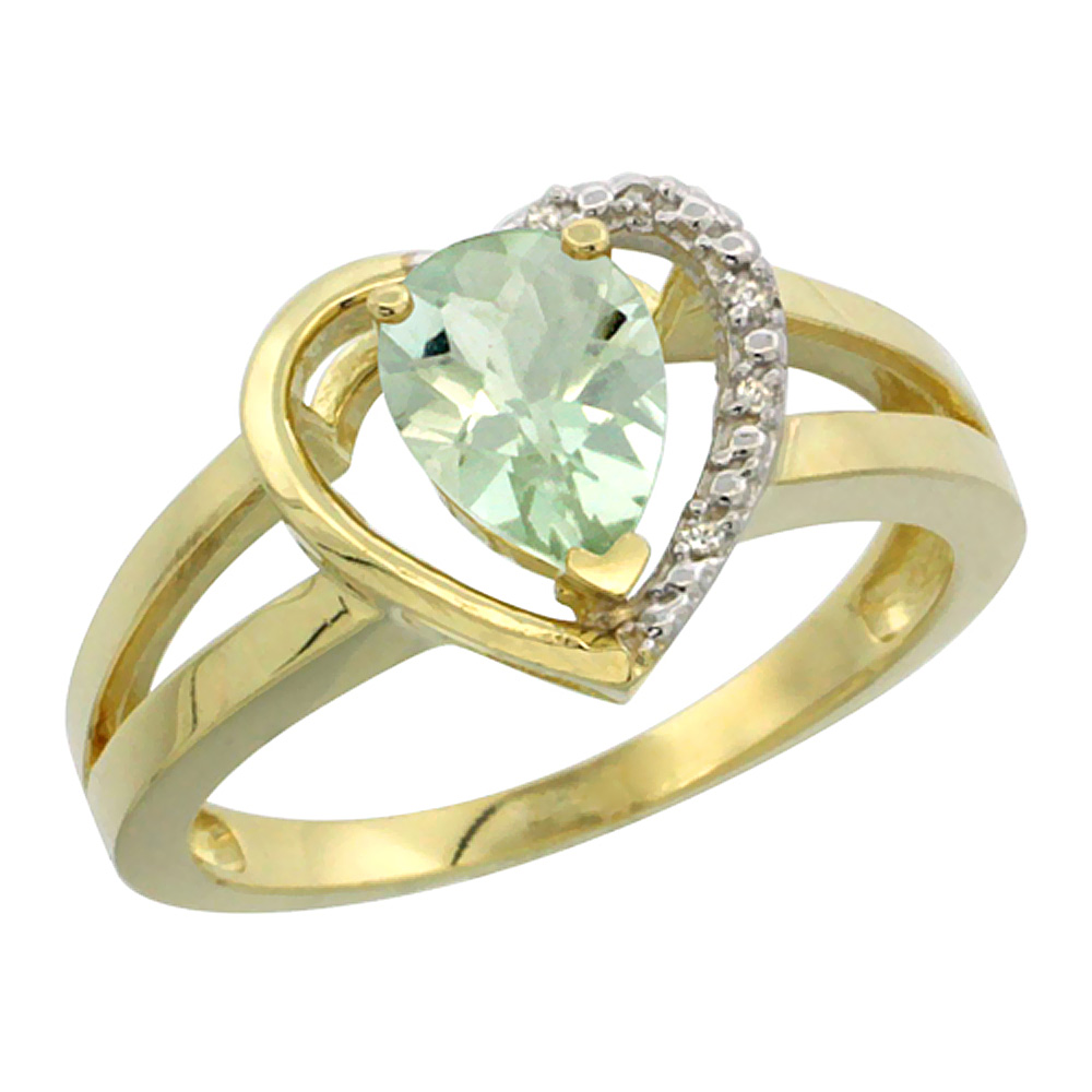 14K Yellow Gold Natural Green Amethyst Heart Ring Pear 7x5 mm Diamond Accent, sizes 5-10