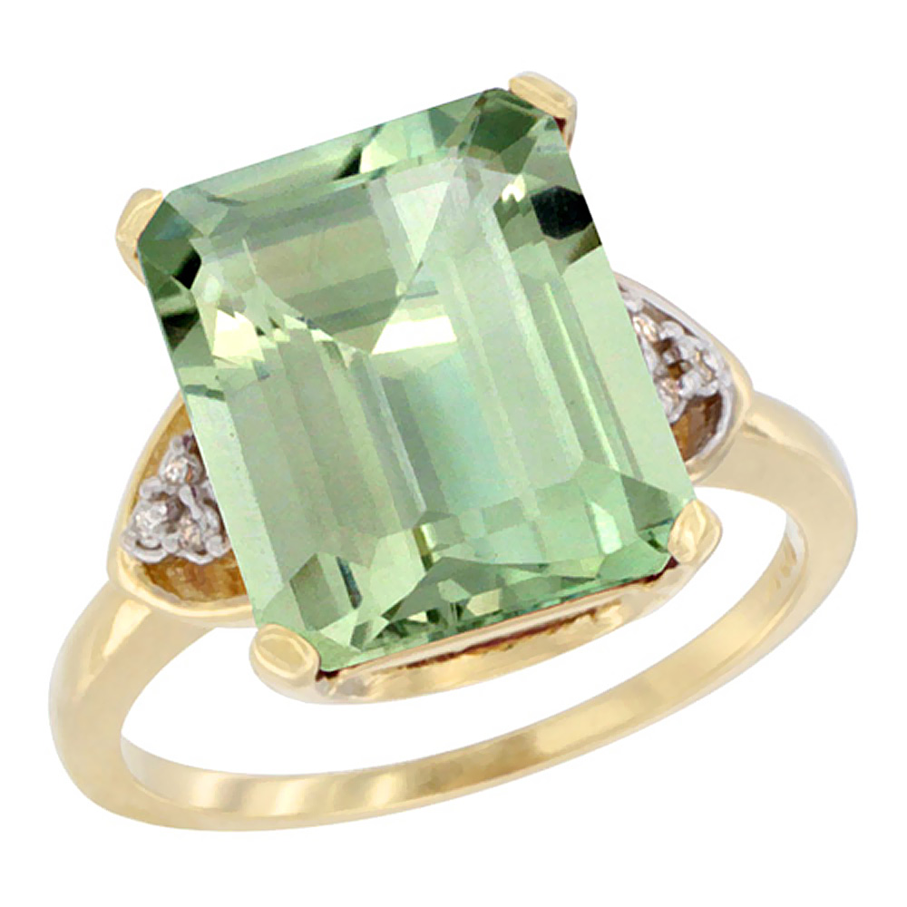14K Yellow Gold Diamond Natural Green Amethyst Ring Octagon 12x10 mm, sizes 5-10