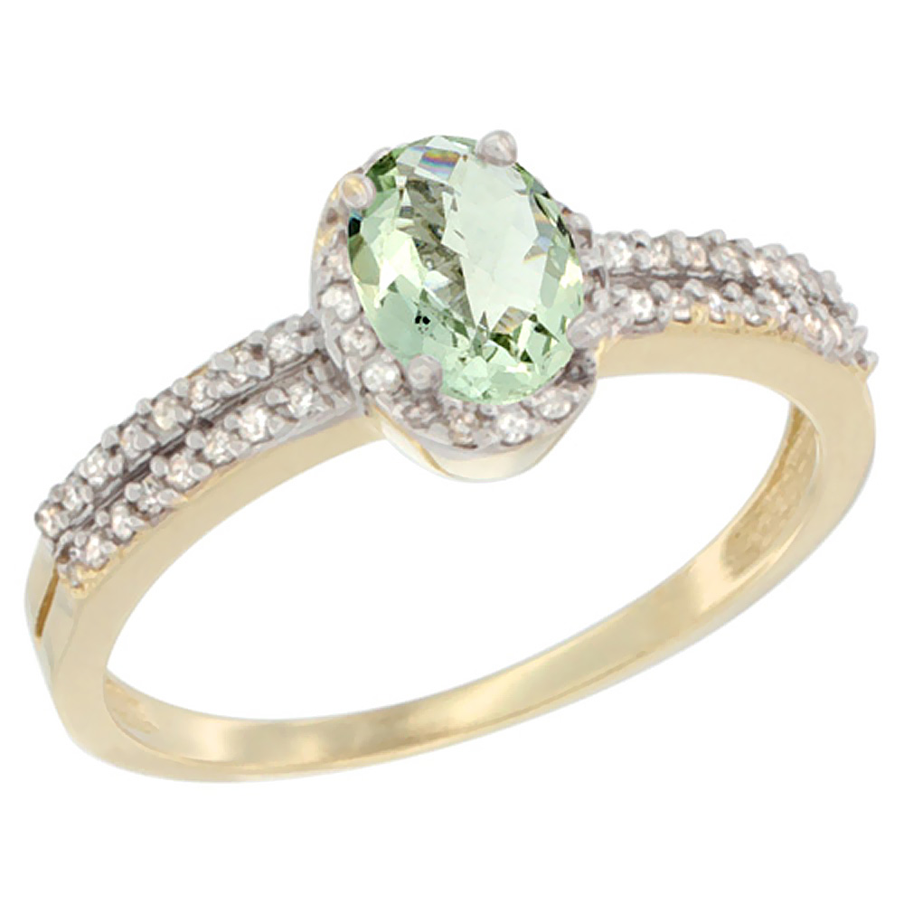 14K Yellow Gold Natural Green Amethyst Ring Oval 6x4mm Diamond Accent, sizes 5-10