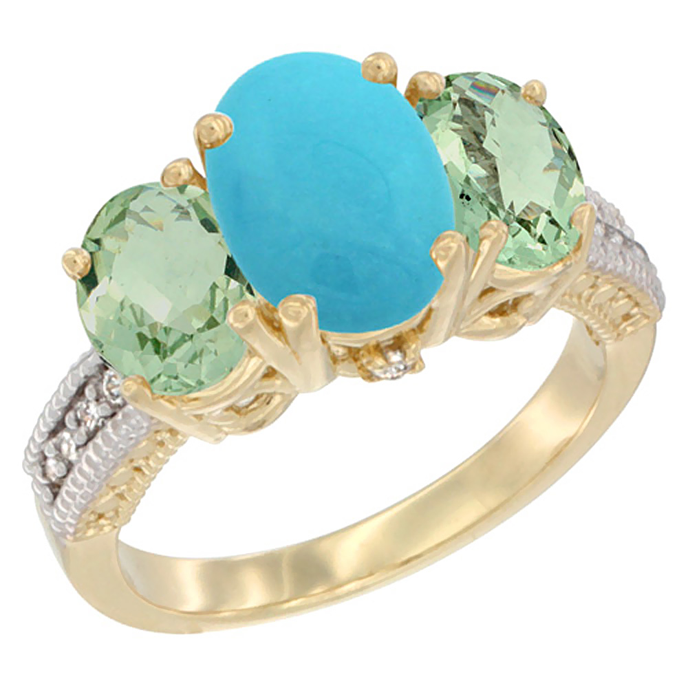 10K Yellow Gold Diamond Natural Turquoise Ring 3-Stone Oval 8x6mm with Green Amethyst, sizes5-10