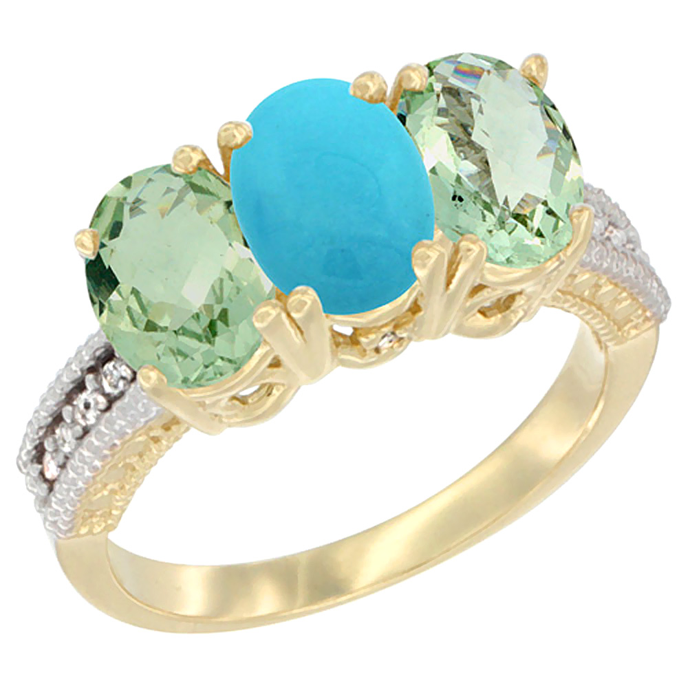 10K Yellow Gold Diamond Natural Turquoise &amp; Green Amethyst Sides Ring 3-Stone Oval 7x5 mm, sizes 5 - 10