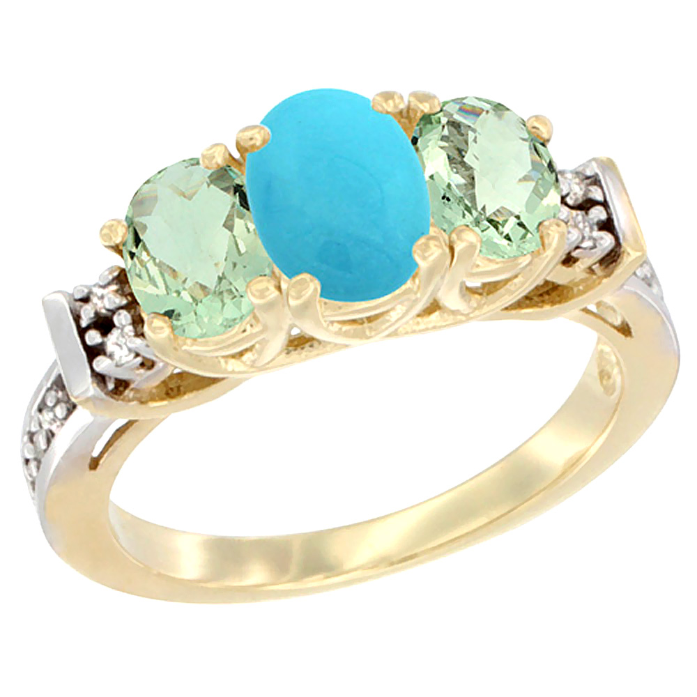 10K Yellow Gold Natural Turquoise &amp; Green Amethyst Ring 3-Stone Oval Diamond Accent